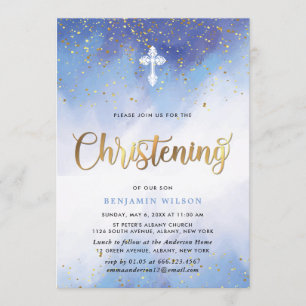 Convite Cristo De Aquarela Azul E Dourado