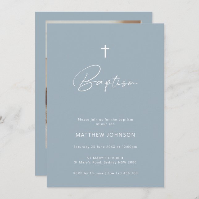 Convite Cristo de batismo azul-foto minimalista (Frente/Verso)