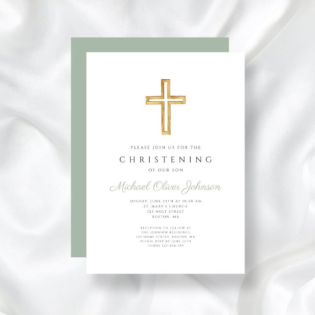 Convite Cristo Religioso Verde de Sábio Moderno (Modern Sage Green Religious Cross Christening Invitation)