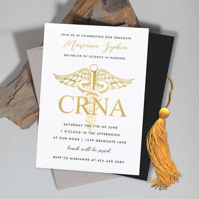 Convite CRNA Nurse Graduation Party Announcement Gold (Criador carregado)