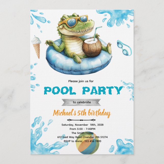 Convite Crocodile Pool Party Birthday Invitation (Frente)