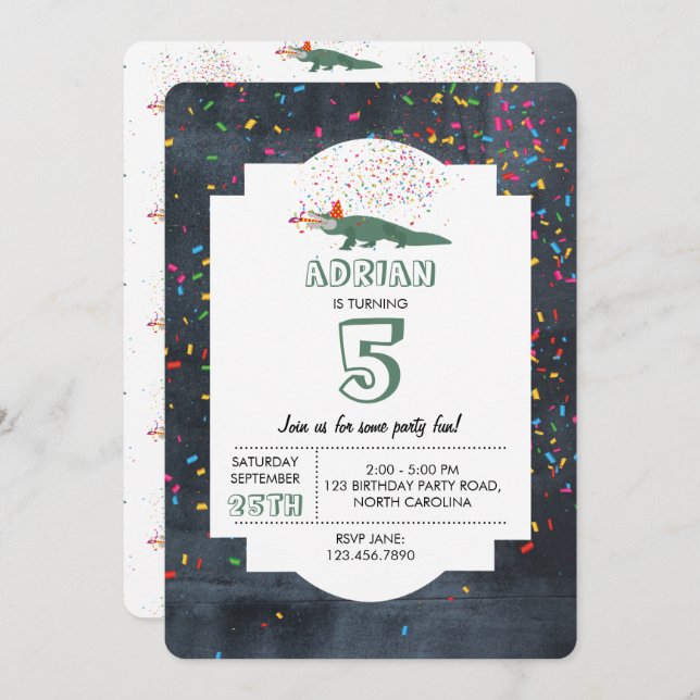Convite Crocodilo de Alligador - Festa de aniversário anim (Frente/Verso)