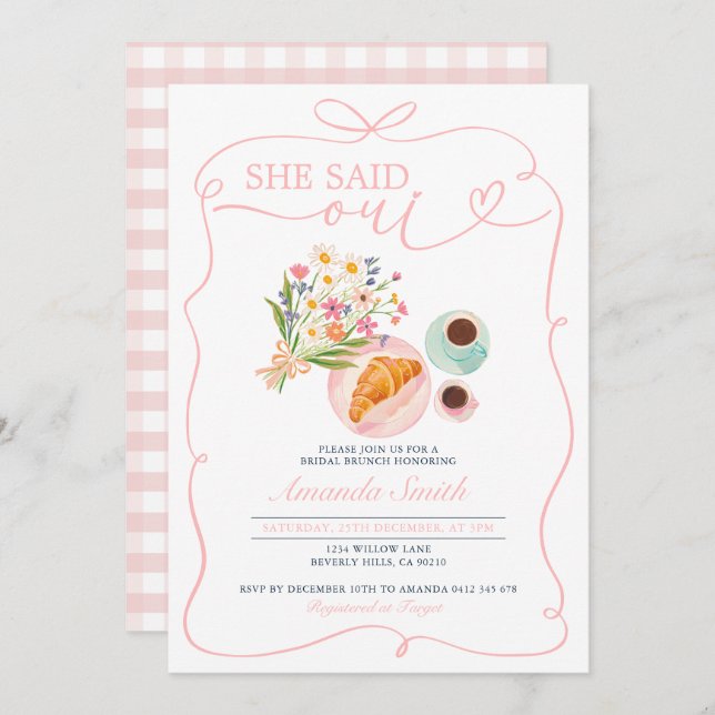Convite Croissant Ela disse Oui Bridal Brunch Café (Frente/Verso)