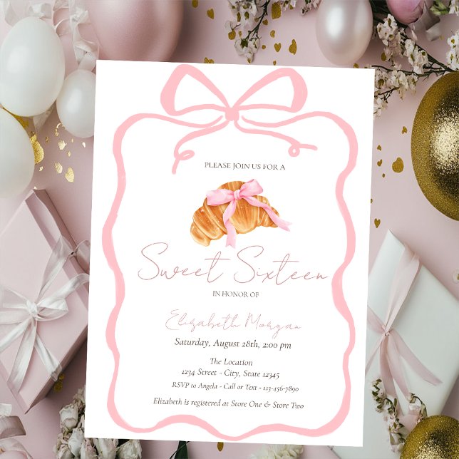 Convite Croissant Parisiense Laço Rosa Sweet 16 (Criador carregado)