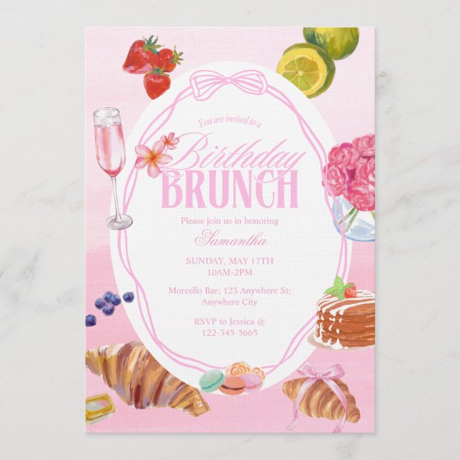 Convite Croissant Rosa Aniversário Brunch  (Frente)