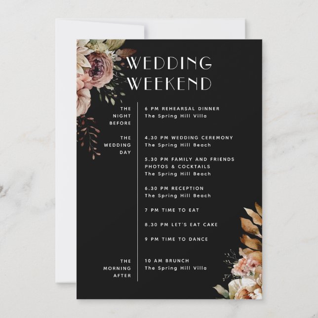 Convite Cronograma de Casamento com Flores Pretas | Linha  (Verso)