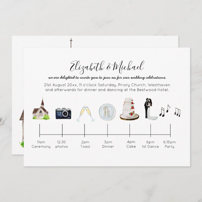 Convite Cronograma de Casamento da Igreja de Cores Aquátic (Frente/Verso)