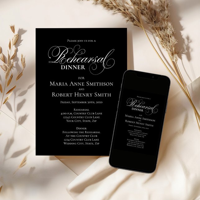 Convite Cronograma do Janto de ensaio em preto-e-branco (Black and white wedding rehearsal dinner invitation template. )