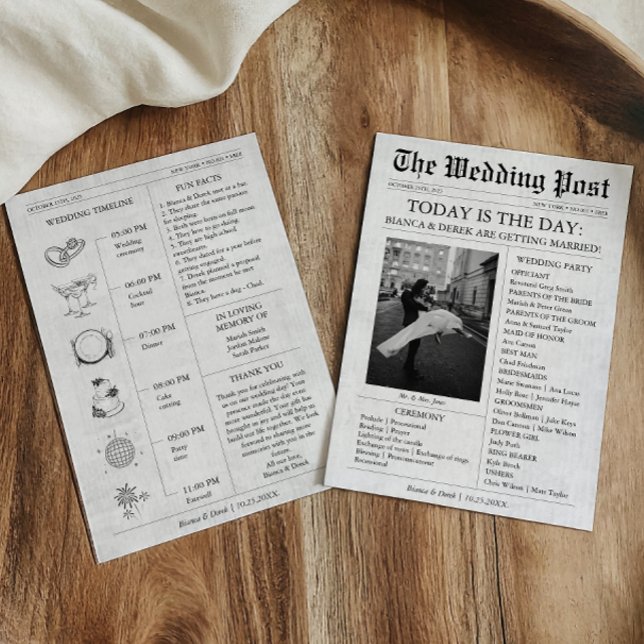 Convite Cronograma do Programa de Casamento de Fotos do Jo (Newspaper Wedding Invitation with Timeline, Wedding Party)