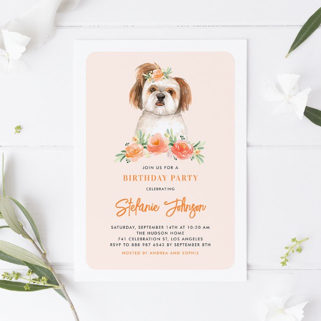Convite Crote Watercolor Shih Tzu Peach Floral Birthday (Criador carregado)