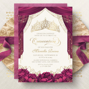Convite Crown Floral Burgundy Moderno Quinceanera