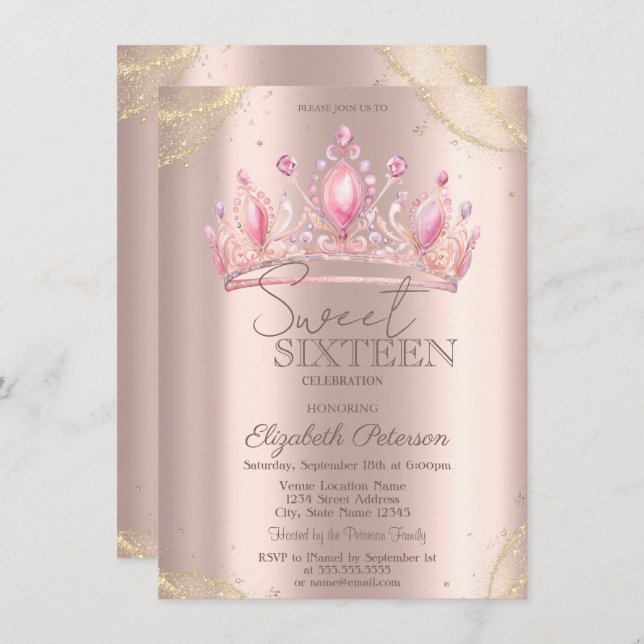 Convite  Crown Gold Glitter Corners Rose Gold Sweet 16   (Frente/Verso)