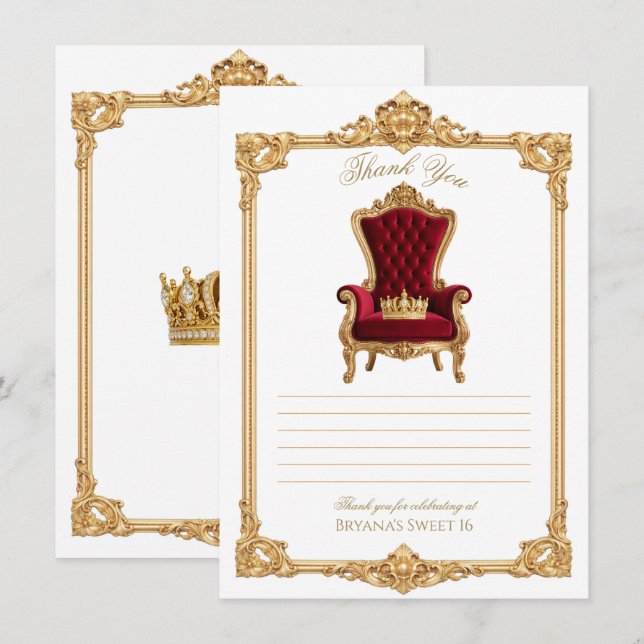 Convite Crowned in Gold Royal Chair Thank You (Frente/Verso)