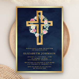 Convite Crucifixo de Madeira Eucalipto Floral Azul-Marinho
