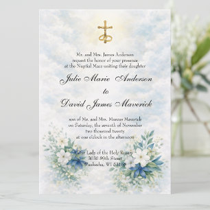 Convite Crucifixo Dourado Católico com Floral Azul e Branc