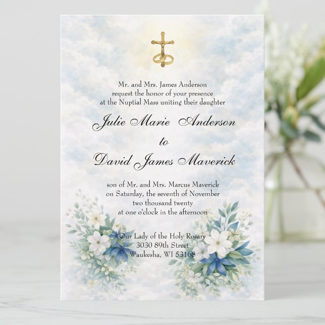 Convite Crucifixo Dourado Católico com Floral Azul e Branc (Criador carregado)