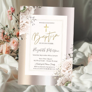 Convite Crucifixo Dourado Rosas Cor de Rosa Batismo Dourad