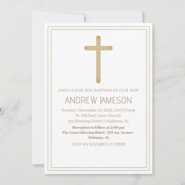 Convite Cruz Azul Dourada Elegante | Batismo (Frente)