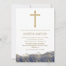 Convite Cruz Azul Dourada Elegante | Batismo