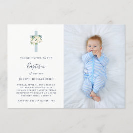 Convite Cruz Azul e Flores Brancas | Foto Menino Batismo