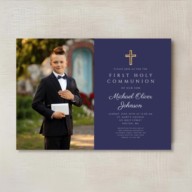 Convite Cruz Azul Marinho Foto Menino Primeira Comunhão  (Navy Blue Cross Photo Boy First Communion Invitation)