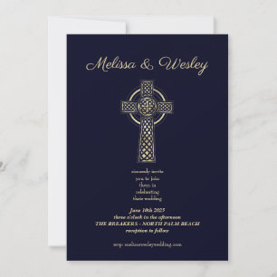 Convite Cruz celta dourada azul naval minimalista casament