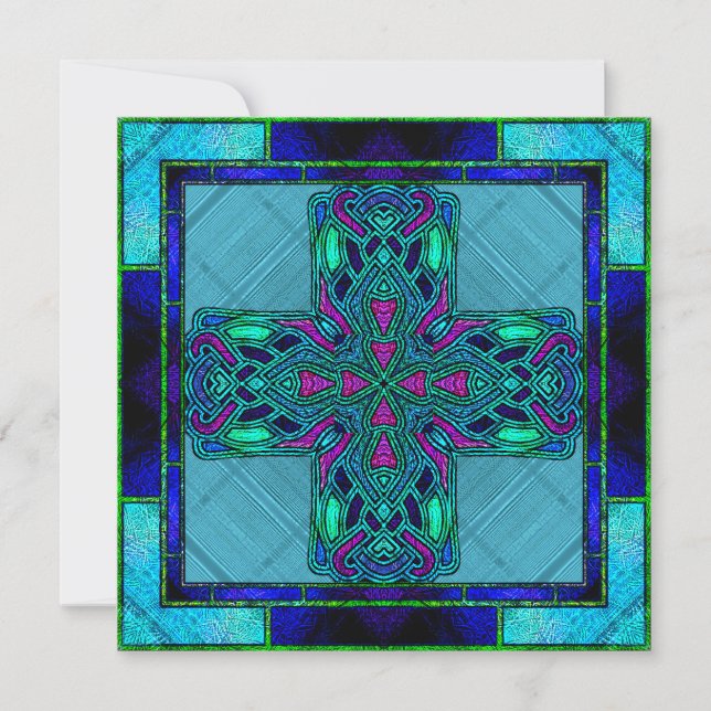 Convite Cruz Célula de Vidro Estreita em Azul e Aqua (Frente)