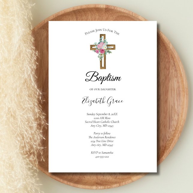 Convite Cruz com Flores Rosa Batismo (Wooden Cross with flowers Baptism Christening Invitation. Printed or Digital download)