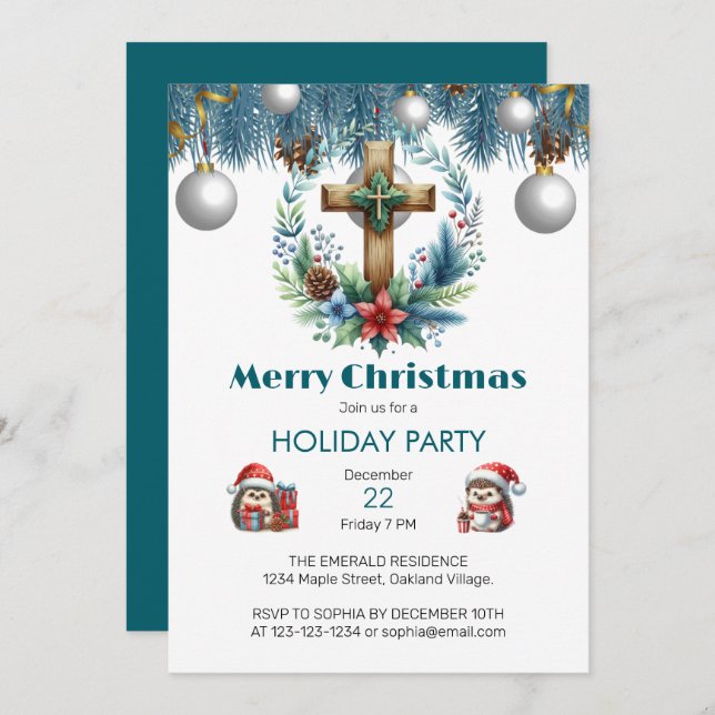 Convite Cruz com o inverno Blue Accents Natal (Frente/Verso)