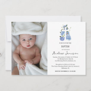 Convite Cruz Cristã Floral Moderna Elegante   Batismo