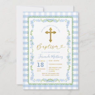 Convite Cruz de Batismo Vintage Grandmillenial Floral Azul