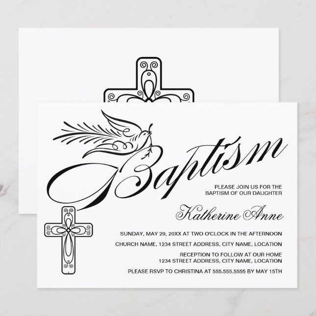 Convite Cruz de Caligrafia Elegante e Batismo de Pombo (Frente/Verso)
