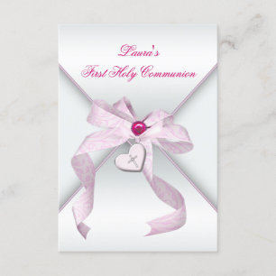Convite Cruz de Coração Rosa Meninas Primeira Comunhão