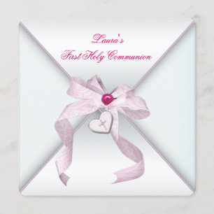 Convite Cruz de Coração Rosa Meninas Primeira Comunhão