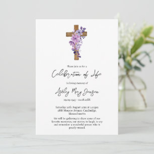 Convite Cruz de flor roxa Celebração da Vida Funeral