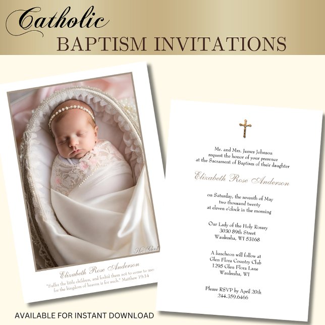 Convite Cruz de Foto de Bebê do Batismo Católico (Traditional Catholic Baby Baptism Invitations with photo - Gold Crucifix and Scripture Verse)