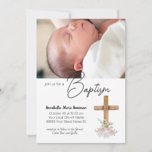 Convite Cruz de Madeira e Foto Personalizada de Batismo de
