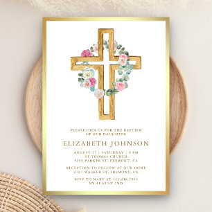 Convite Cruz de Madeira Eucalipto Dourado Floral Rústico B
