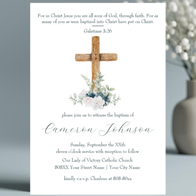 Convite Cruz de Madeira Flores Brancas e Azuis Batismo (Criador carregado)