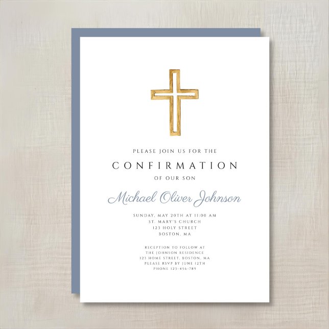 Convite Cruz de Madeira Religiosa Azul Confirmação Menino (Blue Religious Wood Cross Boy Confirmation Invitation)