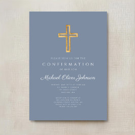 Convite Cruz de Madeira Religiosa Azul Empoeirada Confirma