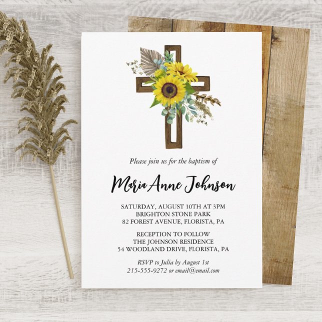 Convite Cruz de Madeira Rústica Boho de Girassol Batismo (Criador carregado)