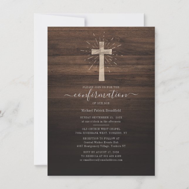 Convite Cruz de Madeira Rústica Igreja Cerimônia de Confir (Frente)
