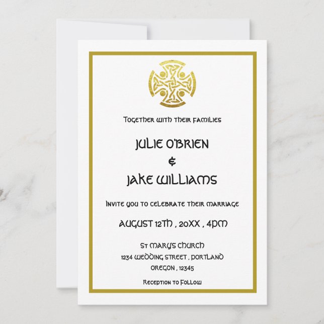 Convite Cruz de Nó Celta Falso Ouro para Casamento (Frente)