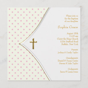 Convite Cruz de Ouro Branco Rosa para Batizado de Menina