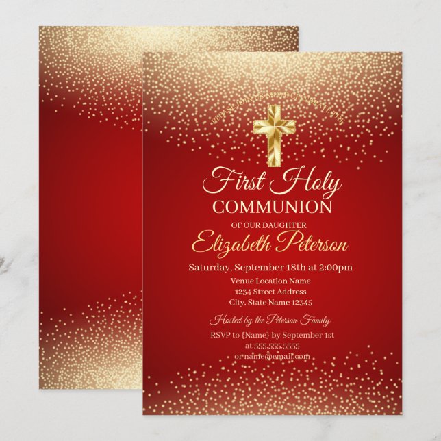 Convite Cruz de ouro com pontos vermelhos Primeira Comunhã (Frente/Verso)