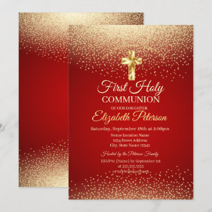 Convite Cruz de ouro com pontos vermelhos Primeira Comunhã