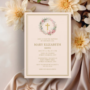 Convite Cruz de Ouro Elegante com Floral Rosa para Batizad
