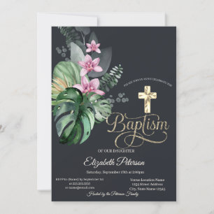 Convite Cruz de ouro elegante Flores tropicais Batismo esc