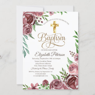 Convite Cruz de Ouro Elegante Rosas Bordeaux Batismo